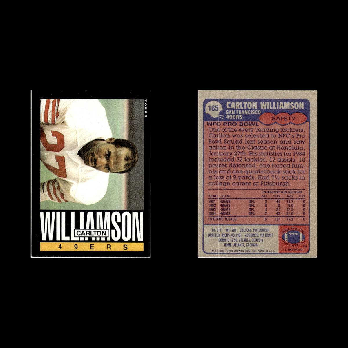 Carlton Williamson #165 1985 Topps San Francisco 49ers Football Card NFL NM