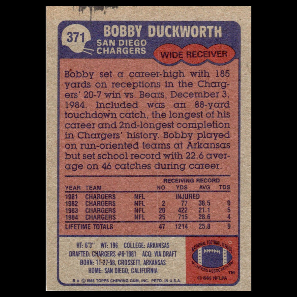 Bobby Duckworth #371 1985 Topps San Diego Chargers Football Card NFL NM