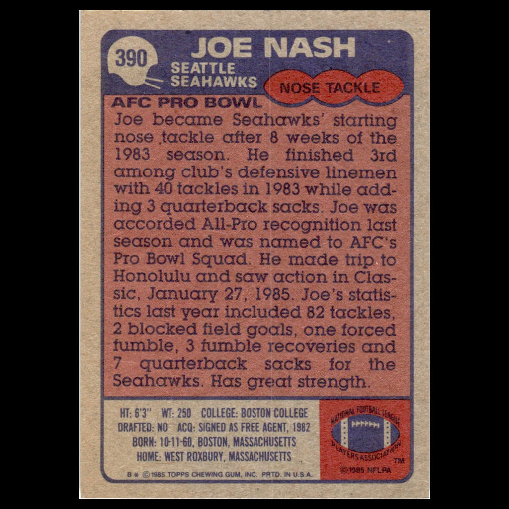 Joe Nash #390 1985 Topps Seattle Seahawks Football Card NFL NM