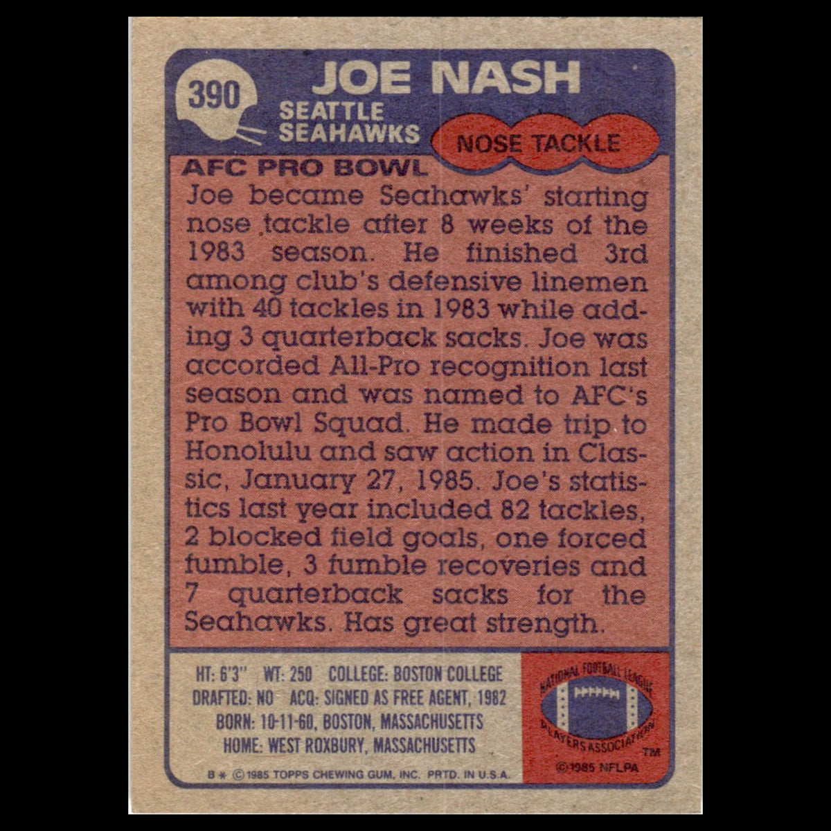 Joe Nash #390 1985 Topps Seattle Seahawks Football Card NFL NM