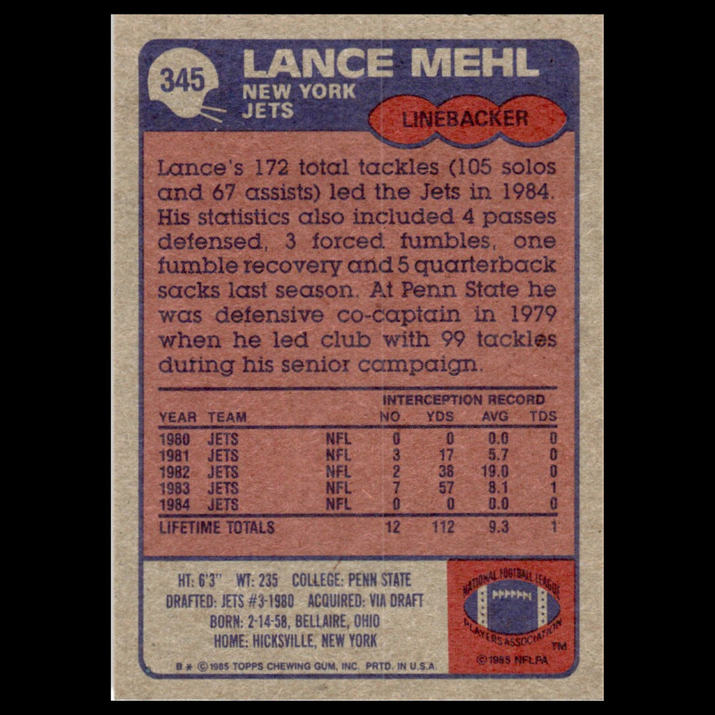 Lance Mehl #345 1985 Topps New York Jets Football Card NFL NM