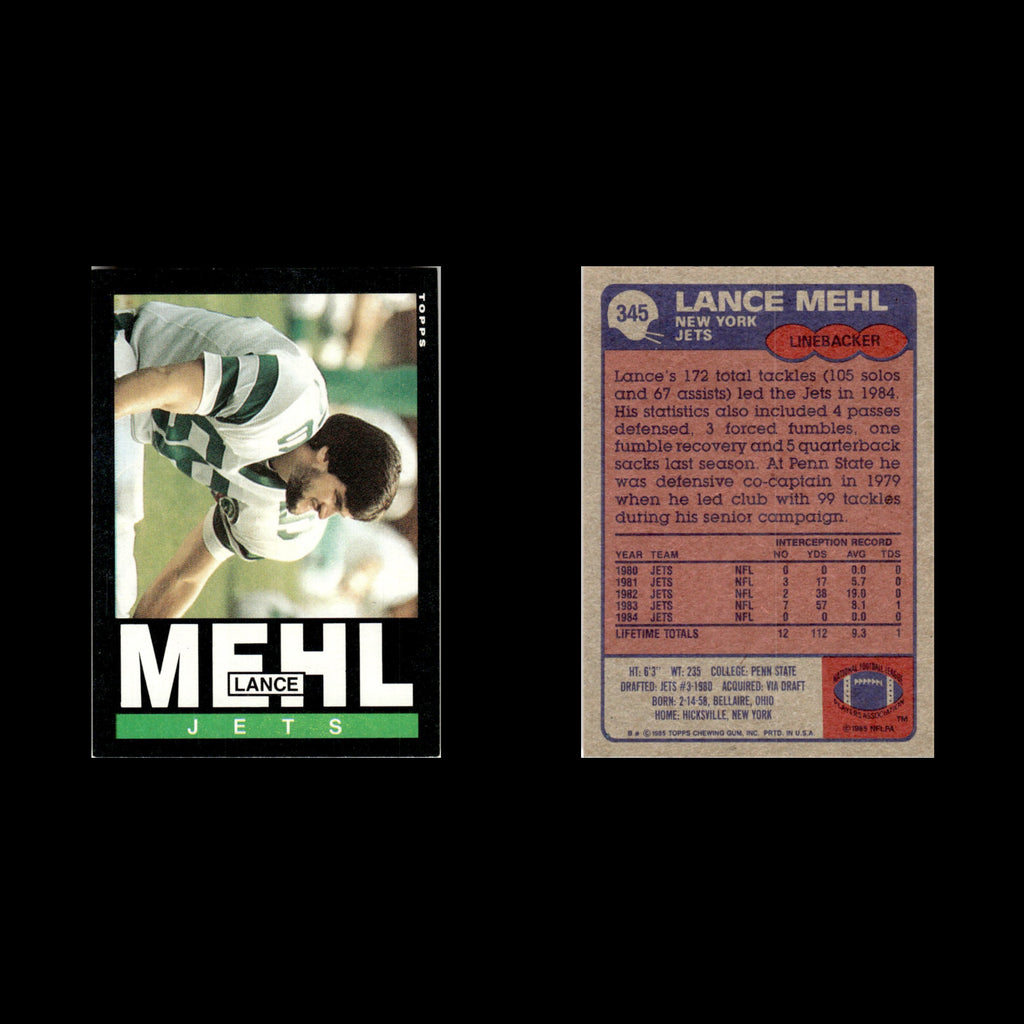 Lance Mehl #345 1985 Topps New York Jets Football Card NFL NM