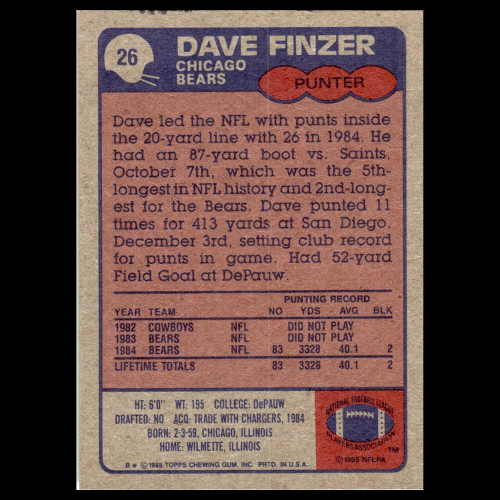 Dave Finzer #26 1985 Topps Chicago Bears Football Card NFL NM