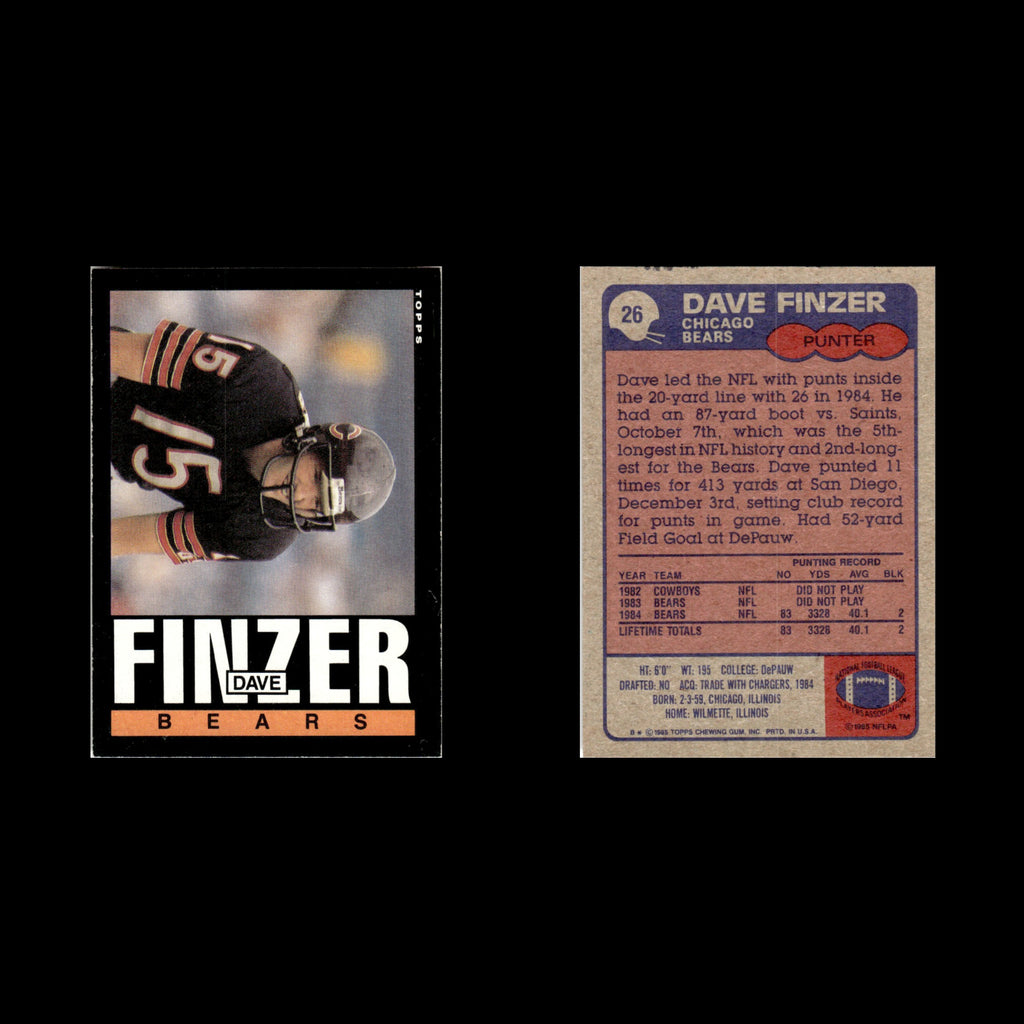 Dave Finzer #26 1985 Topps Chicago Bears Football Card NFL NM