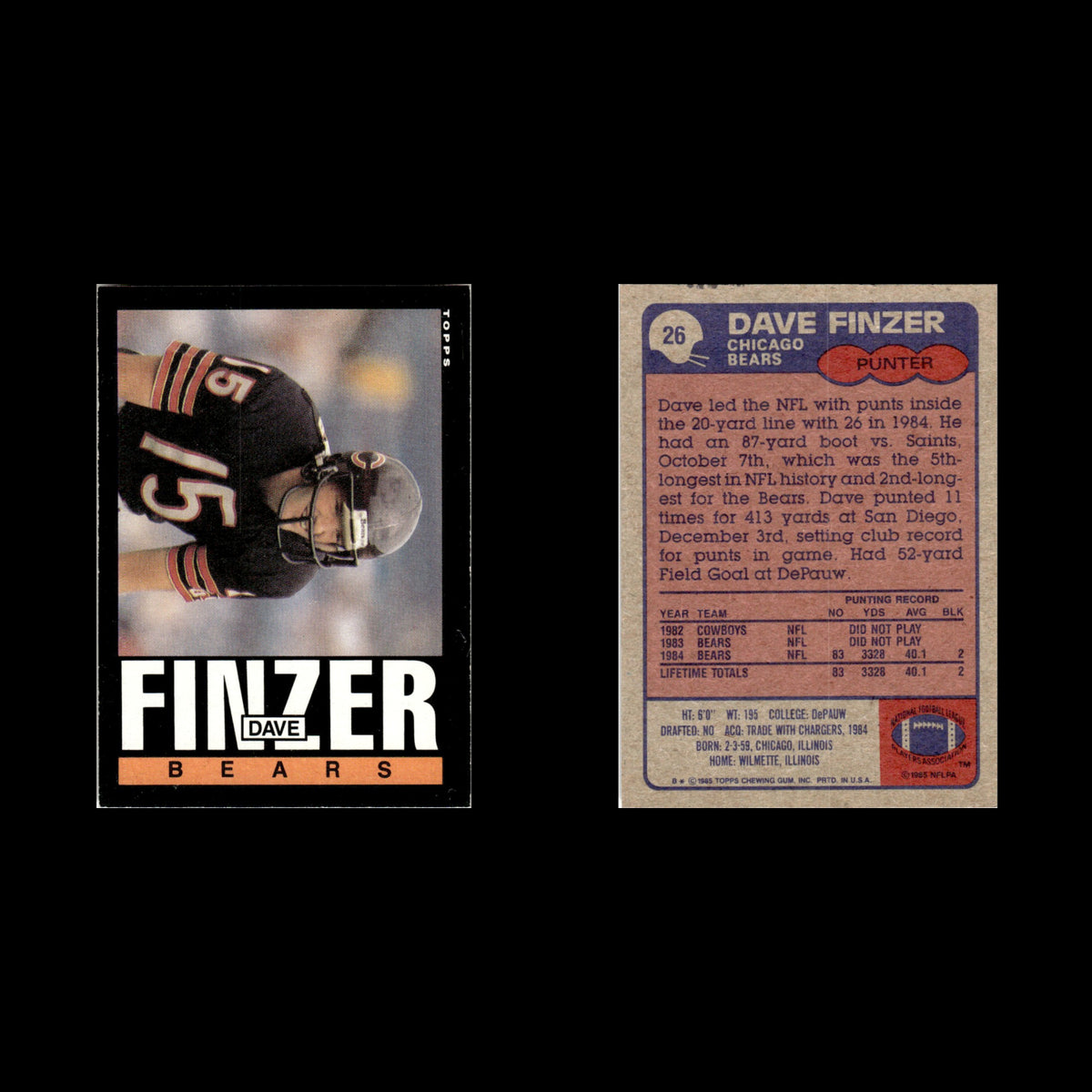 Dave Finzer #26 1985 Topps Chicago Bears Football Card NFL NM