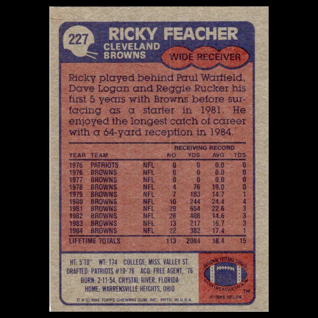 Ricky Feacher #227 1985 Topps Cleveland Browns Football Card NFL NM
