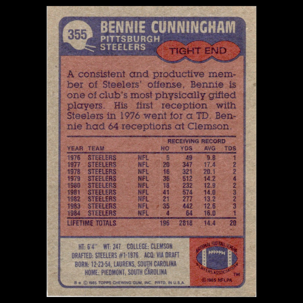 Bennie Cunningham #355 1985 Topps Pittsburgh Steelers Football Card NFL NM