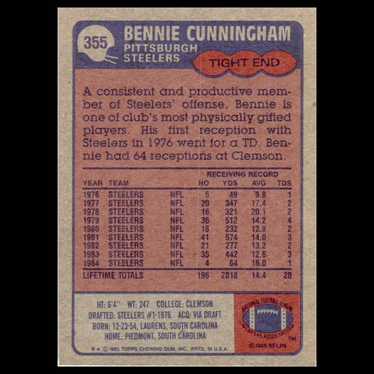 Bennie Cunningham #355 1985 Topps Pittsburgh Steelers Football Card NFL NM