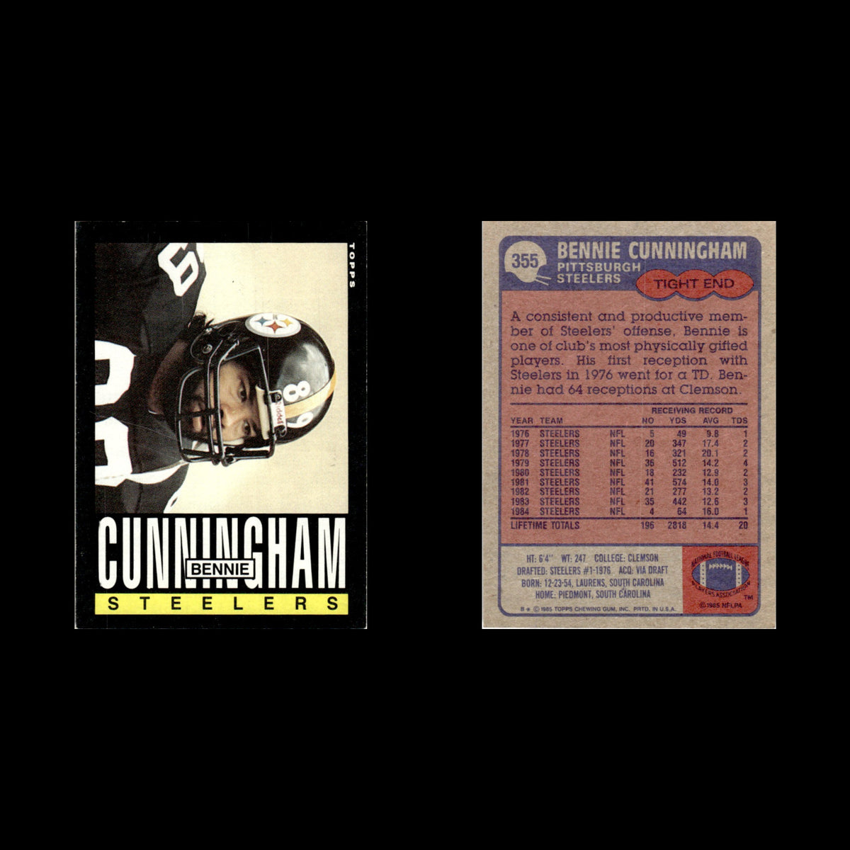 Bennie Cunningham #355 1985 Topps Pittsburgh Steelers Football Card NFL NM