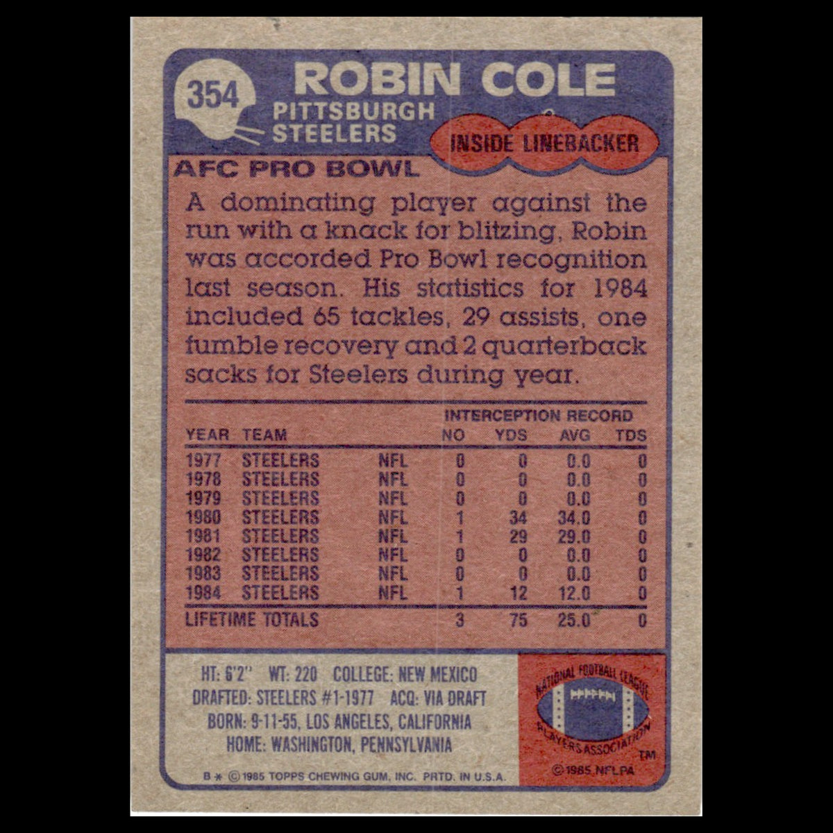 Robin Cole #354 1985 Topps Pittsburgh Steelers Football Card NFL NM