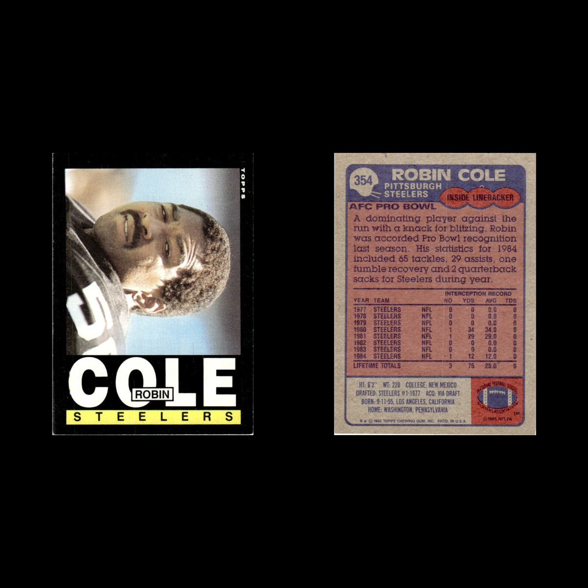 Robin Cole #354 1985 Topps Pittsburgh Steelers Football Card NFL NM