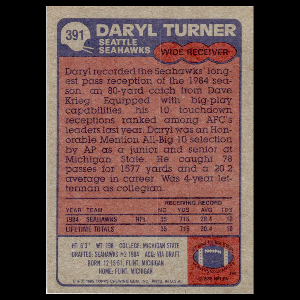 Daryl Turner #391 1985 Topps Seattle Seahawks Football Card NFL NM