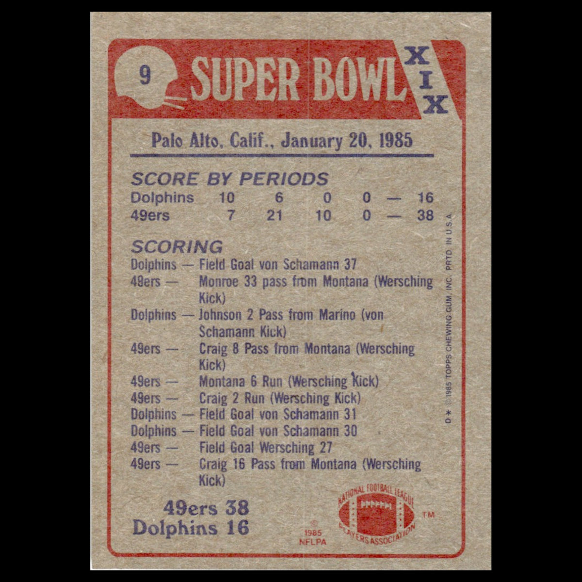 Super Bowl XIX #9 1985 Topps San Francisco 49ers/Miami Dolphins Football Card NM