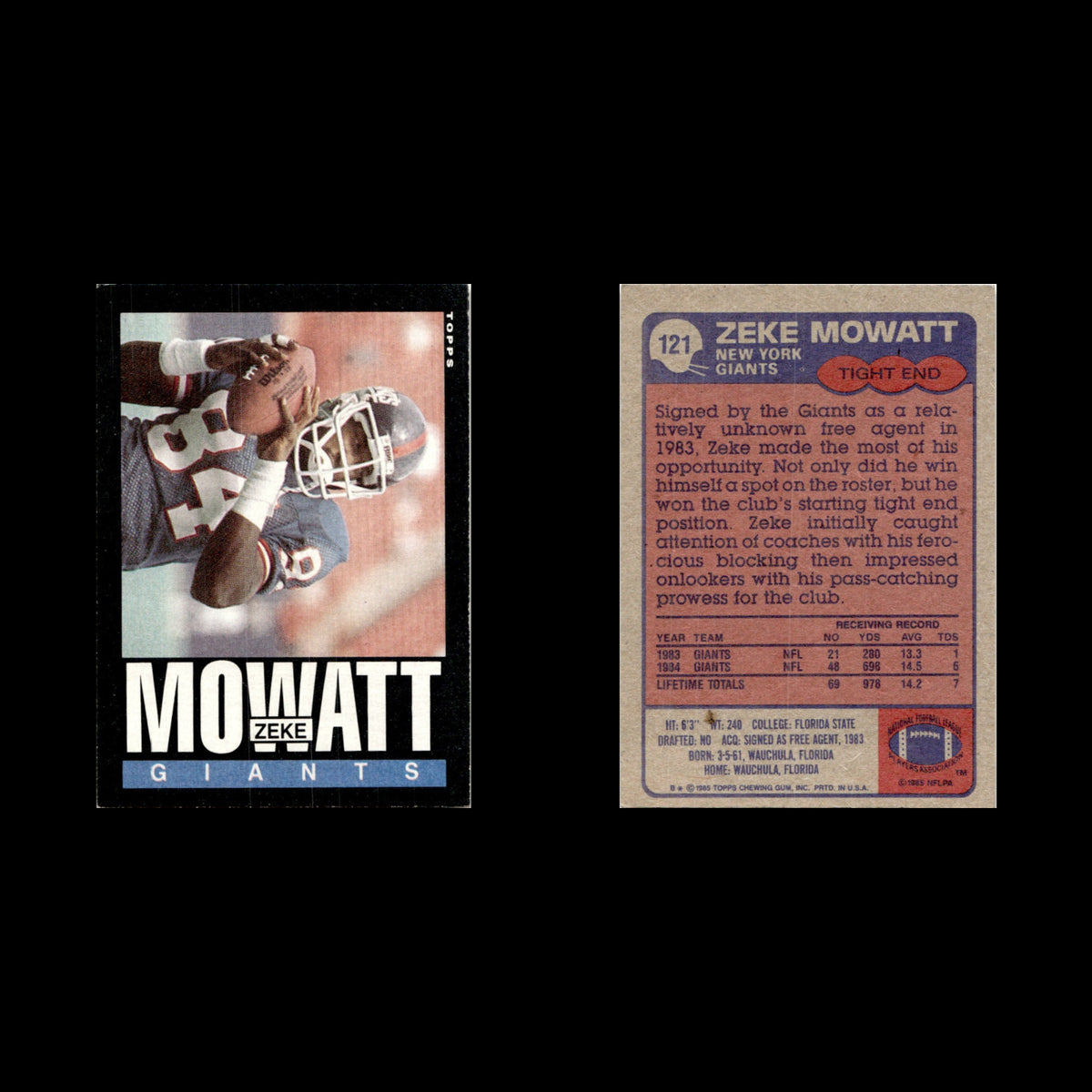 Zeke Mowatt #121 1985 Topps New York Giants Football Card NFL NM