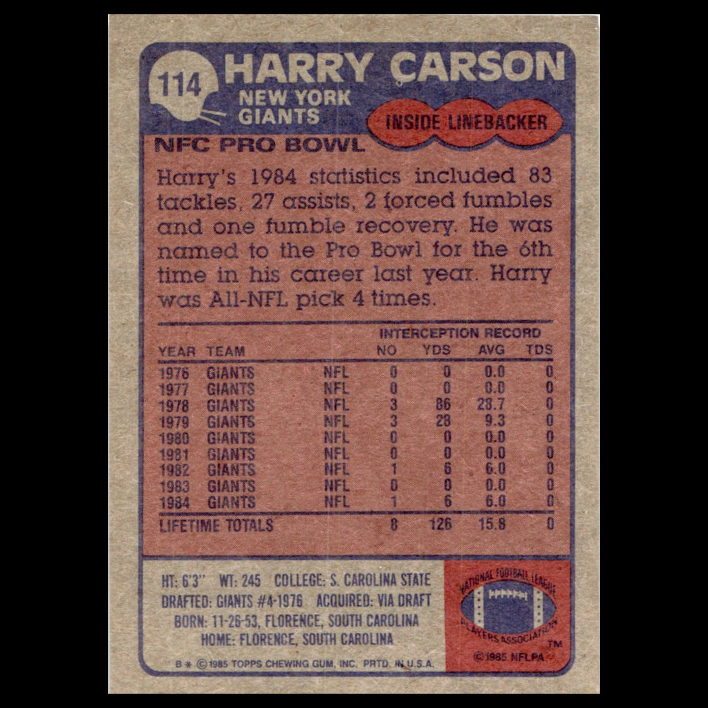 Harry Carson #114 1985 Topps New York Giants Football Card NFL NM