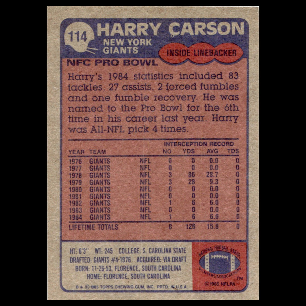 Harry Carson #114 1985 Topps New York Giants Football Card NFL NM