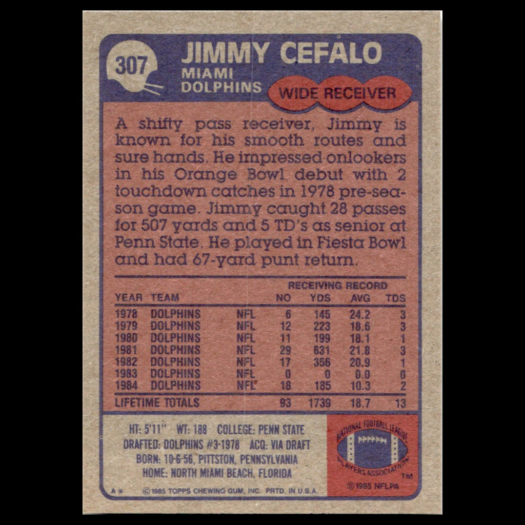Jimmy Cefalo #307 1985 Topps Miami Dolphins Football Card NFL NM