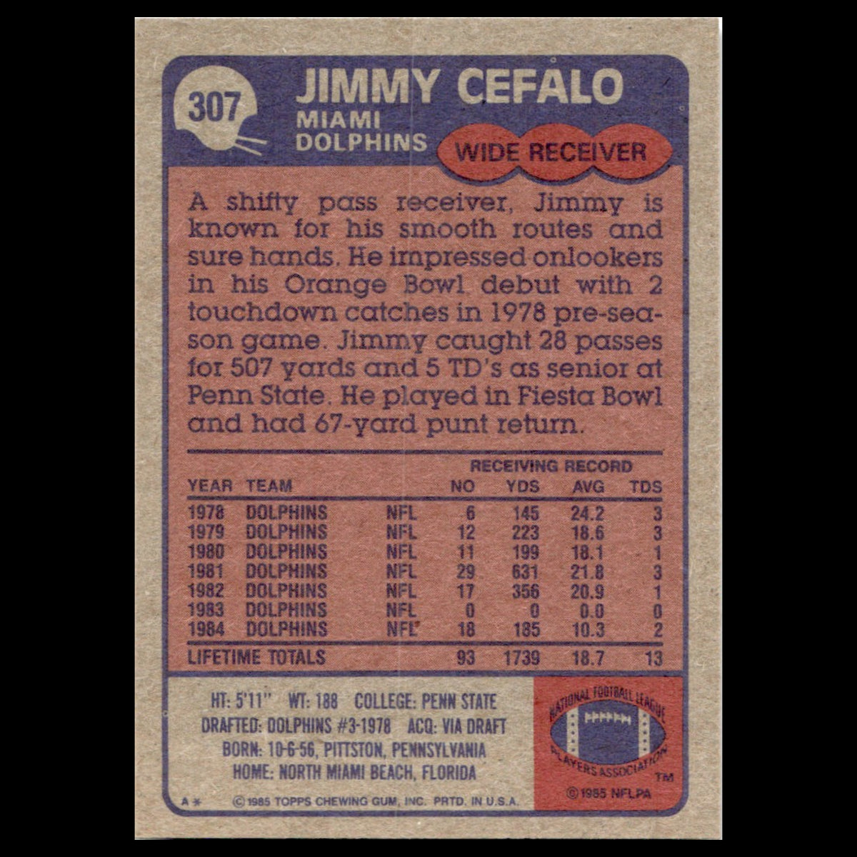 Jimmy Cefalo #307 1985 Topps Miami Dolphins Football Card NFL NM
