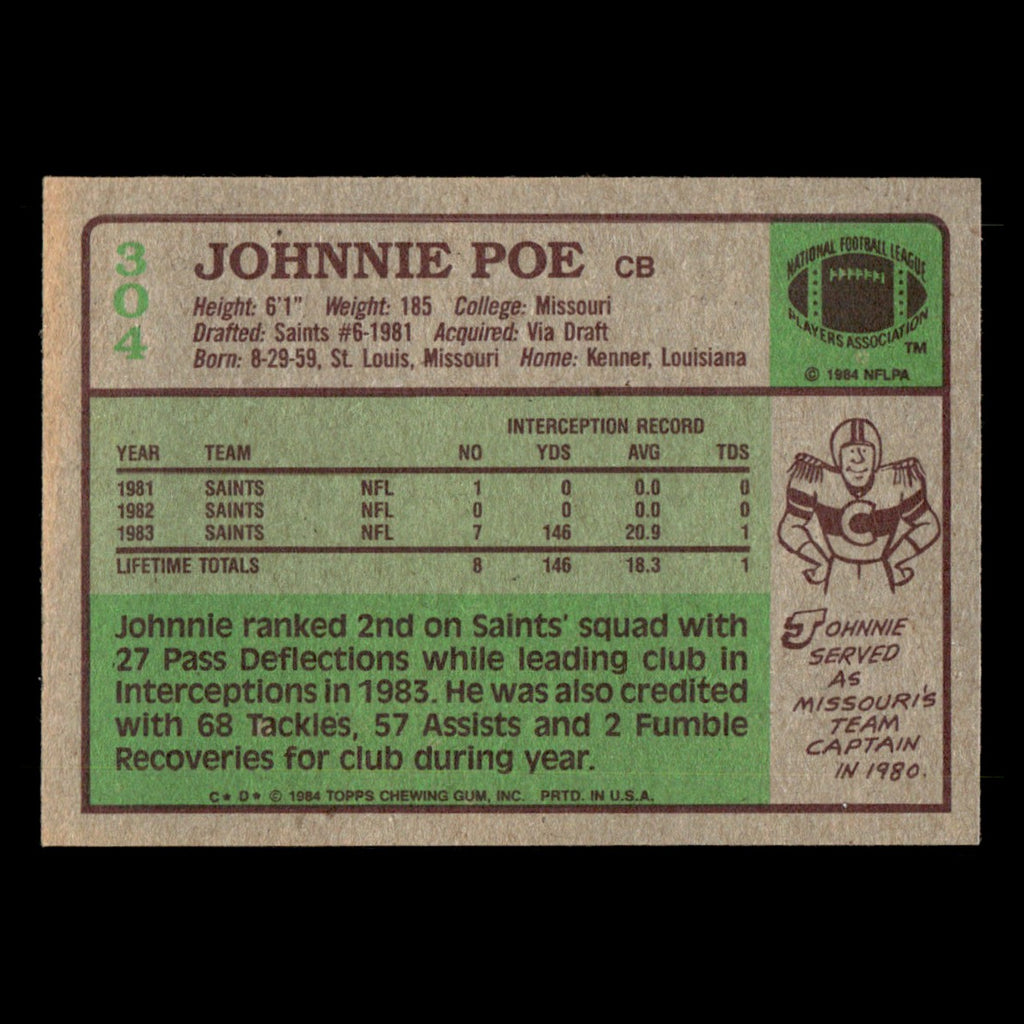 Johnnie Poe #304 1984 Topps New Orleans Saints Football Card NFL EX