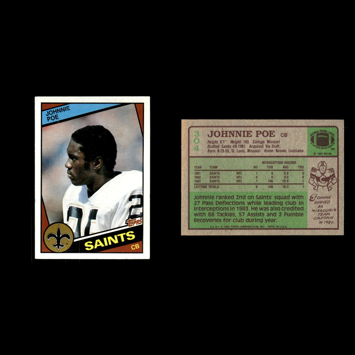 Johnnie Poe #304 1984 Topps New Orleans Saints Football Card NFL EX