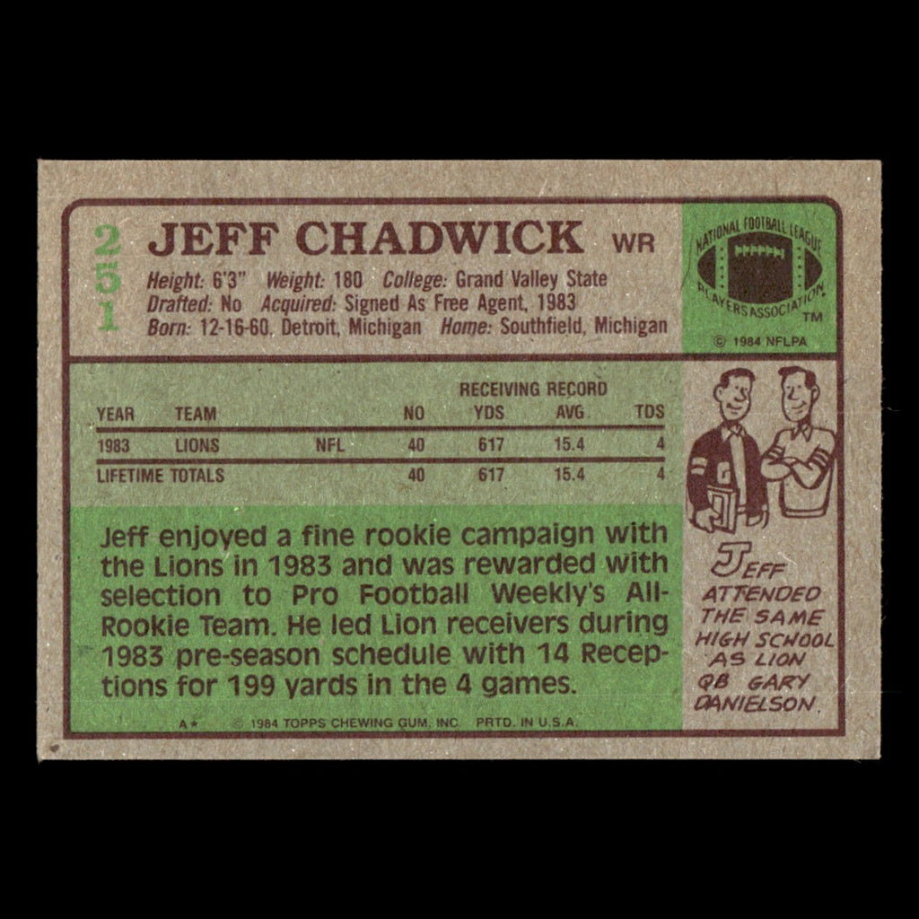 Jeff Chadwick #251 1984 Topps Detroit Lions Football Card NFL EX