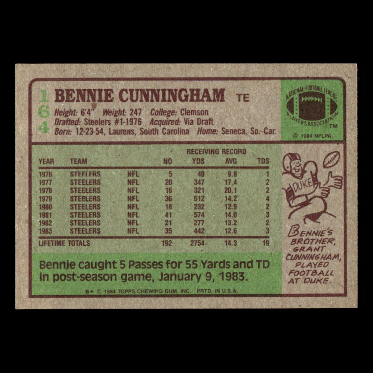Bennie Cunningham #164 1984 Topps Pittsburgh Steelers Football Card NFL EX
