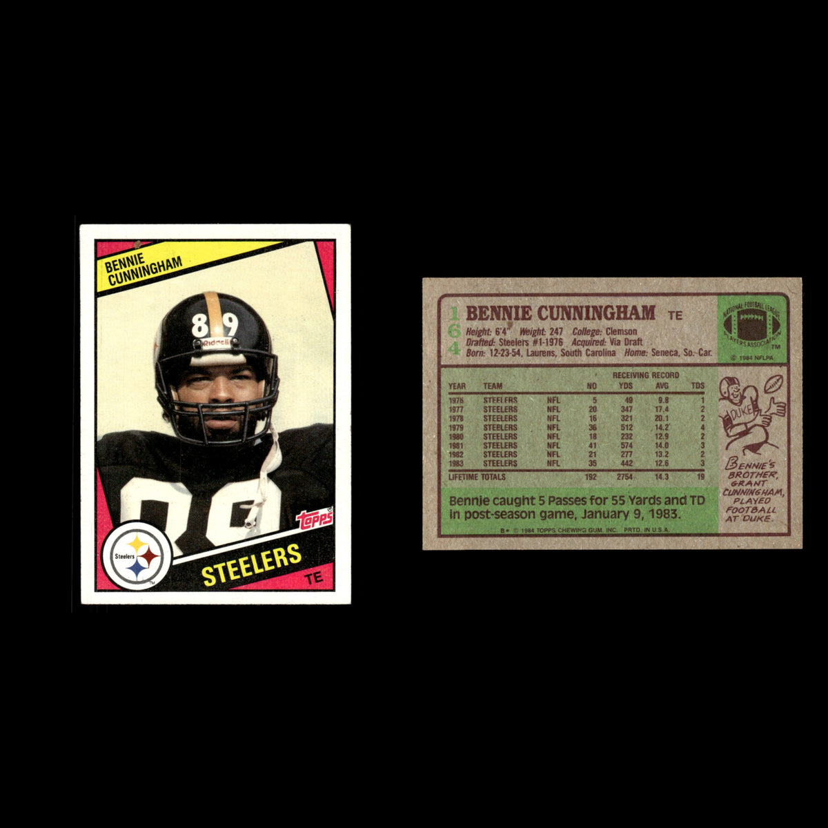 Bennie Cunningham #164 1984 Topps Pittsburgh Steelers Football Card NFL EX