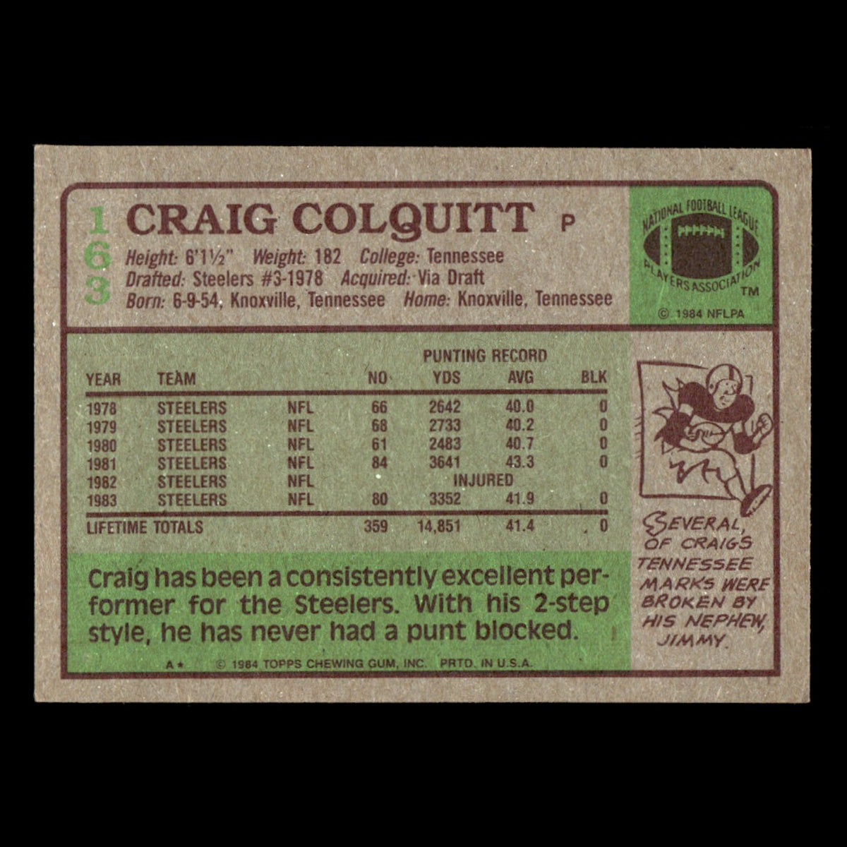 Craig Colquitt #163 1984 Topps Pittsburgh Steelers Football Card NFL EX