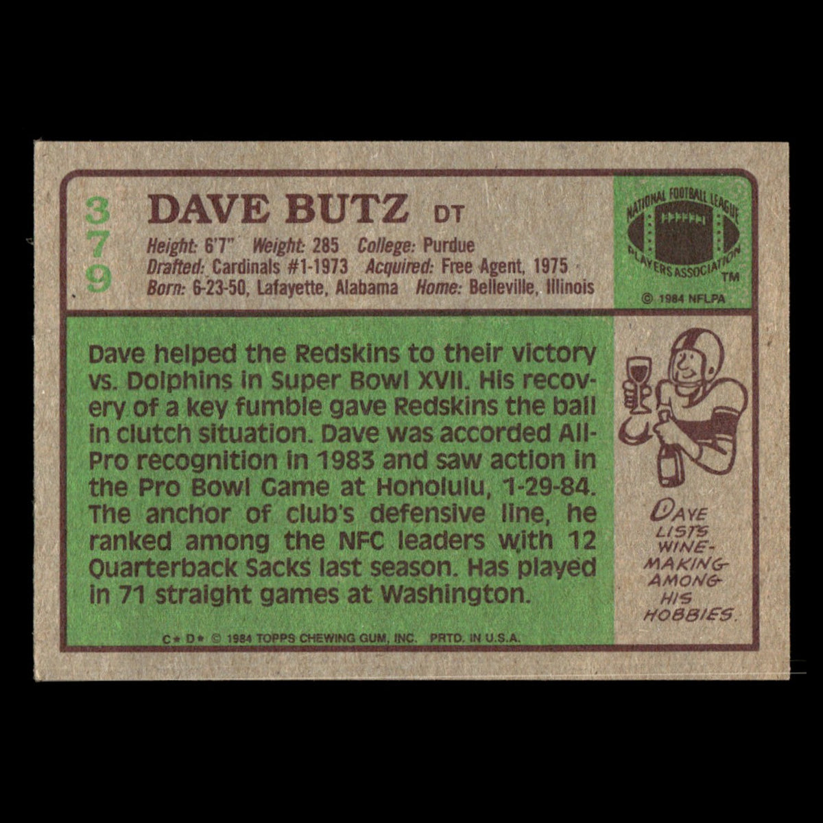 Dave Butz #379 1984 Topps Washington Redskins Football Card NFL EX