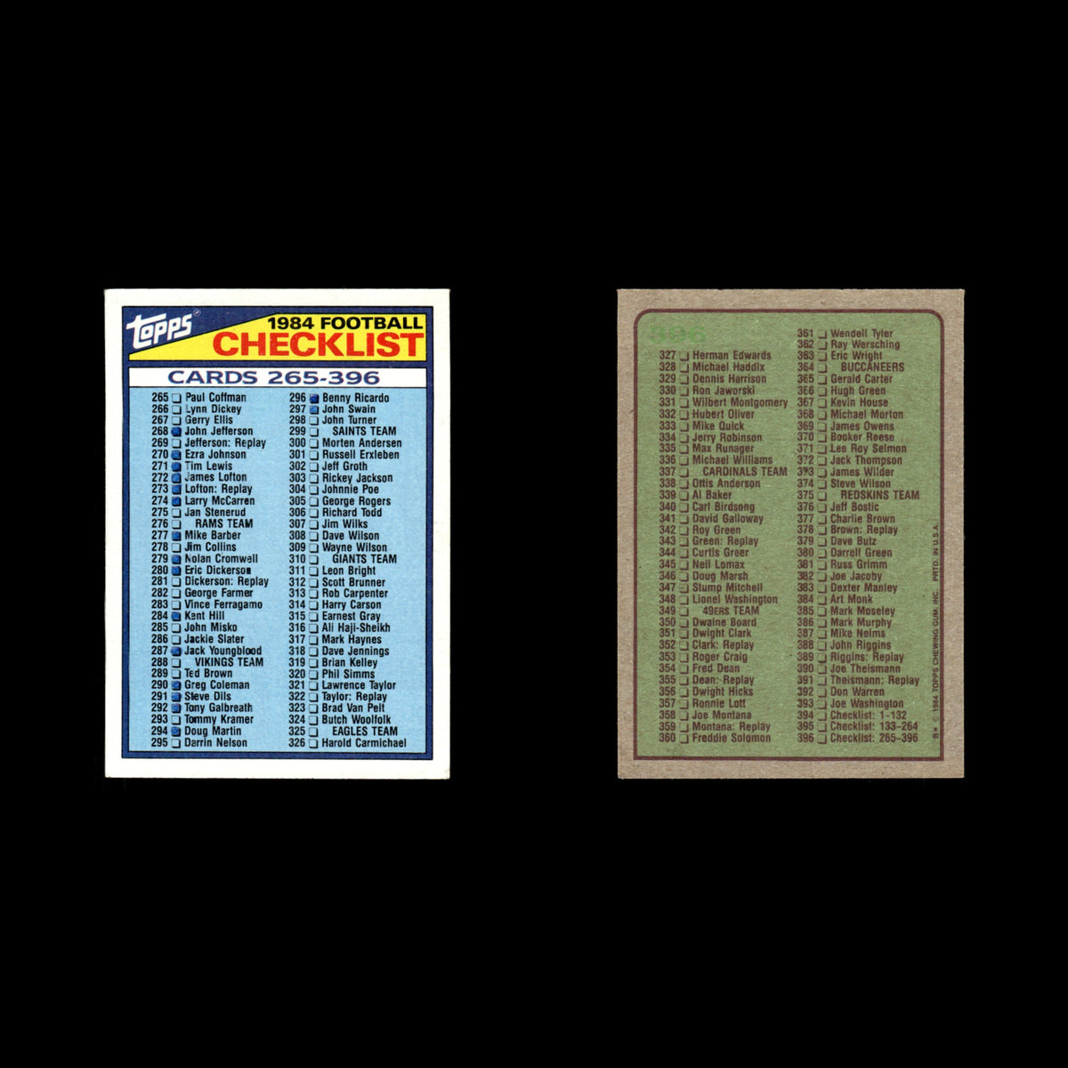 Checklist 265-396 #396 1984 Topps Football Card NFL EX