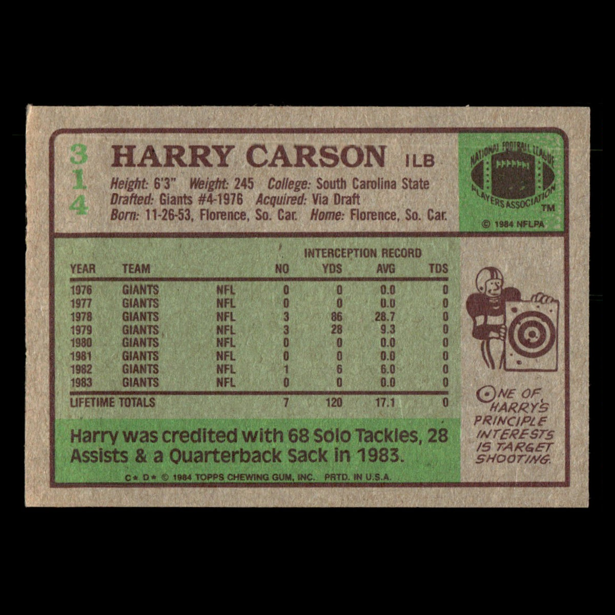 Harry Carson #314 1984 Topps New York Giants Football Card NFL EX
