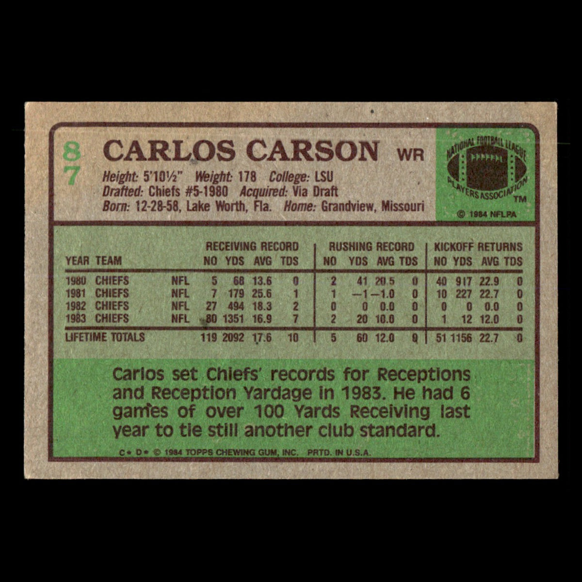 Carlos Carson #87 1984 Topps Kansas City Chiefs Football Card NFL EX