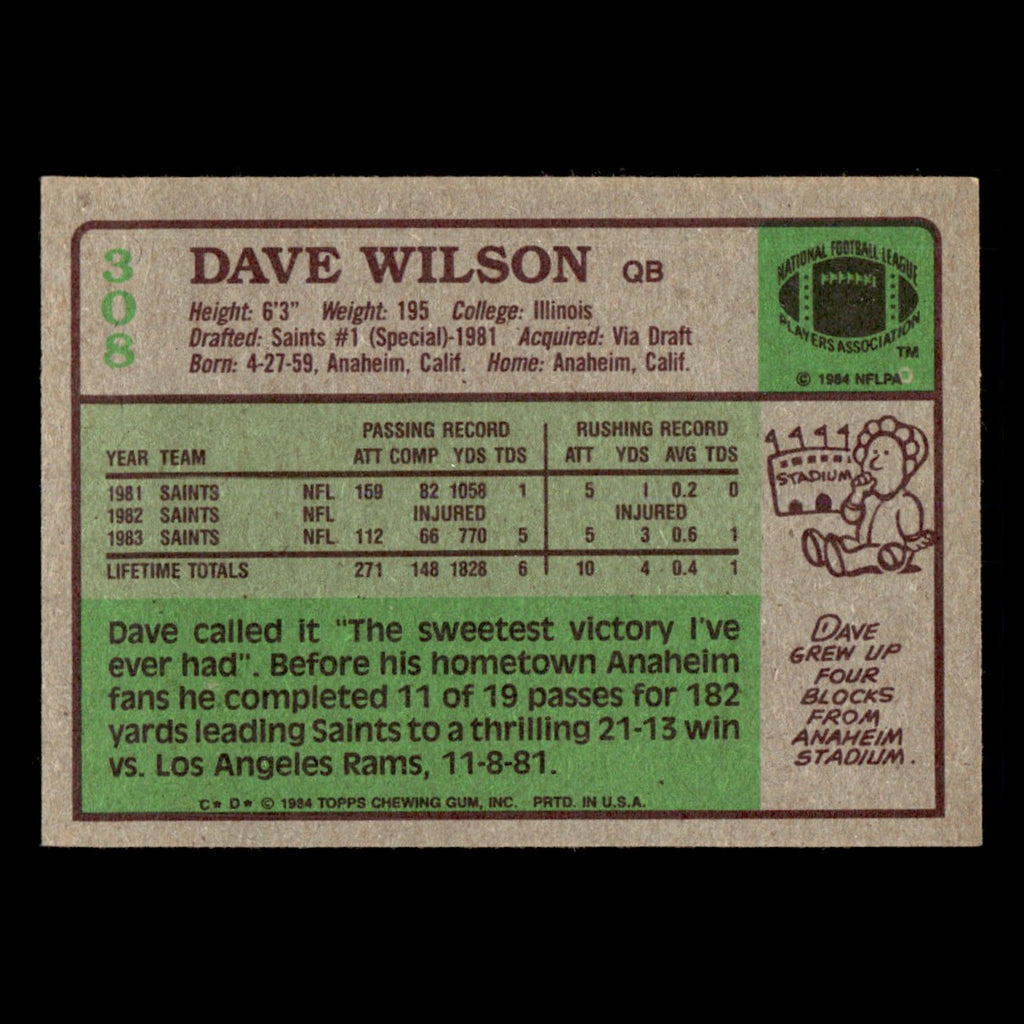 Dave Wilson #308 1984 Topps New Orleans Saints Football Card NFL EX