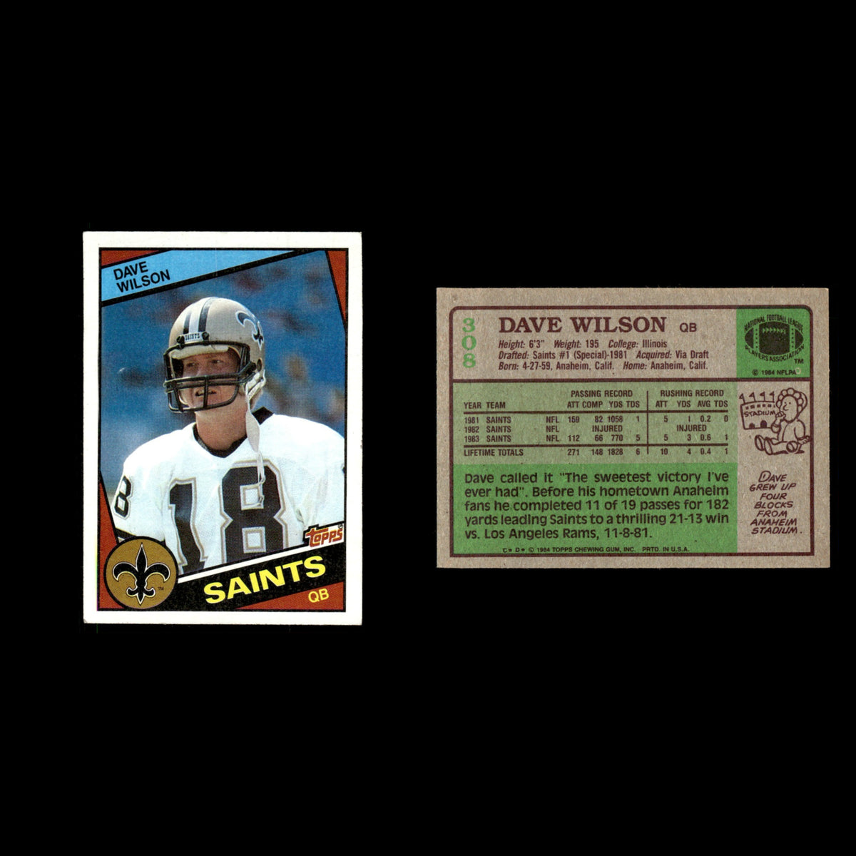 Dave Wilson #308 1984 Topps New Orleans Saints Football Card NFL EX