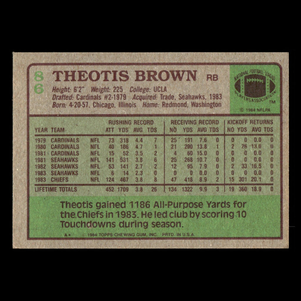 Theotis Brown #86 1984 Topps Kansas City Chiefs Football Card NFL EX