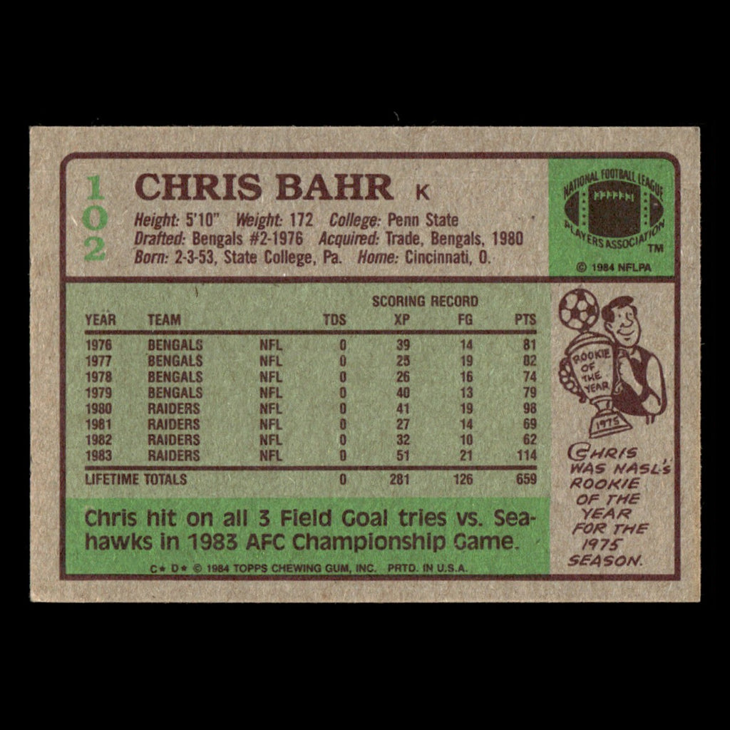 Chris Bahr #102 1984 Topps Los Angeles Raiders Football Card NFL EX