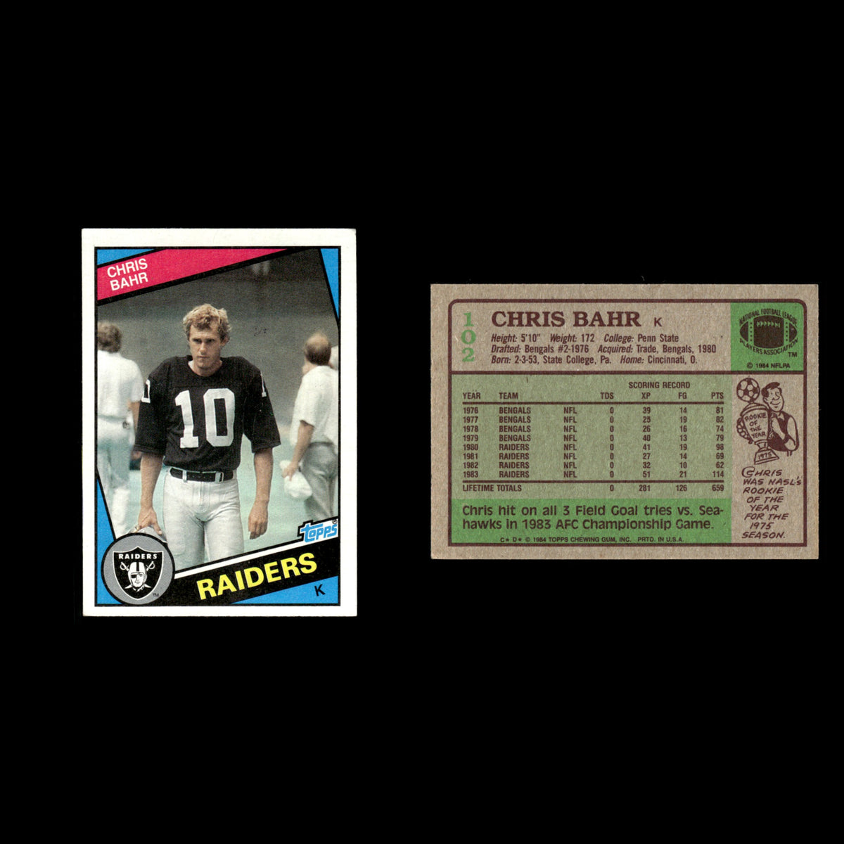 Chris Bahr #102 1984 Topps Los Angeles Raiders Football Card NFL EX