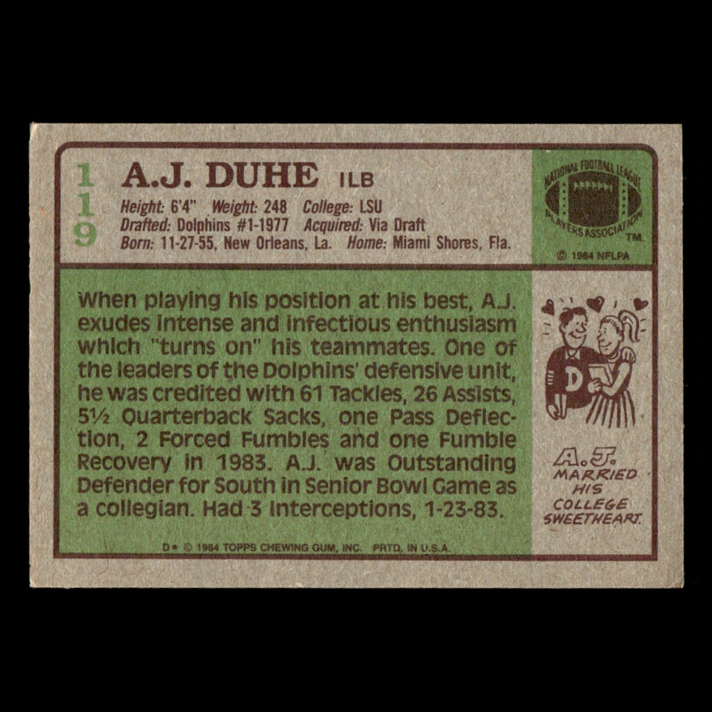 A.J. Duhe #119 1984 Topps Miami Dolphins Football Card NFL EX