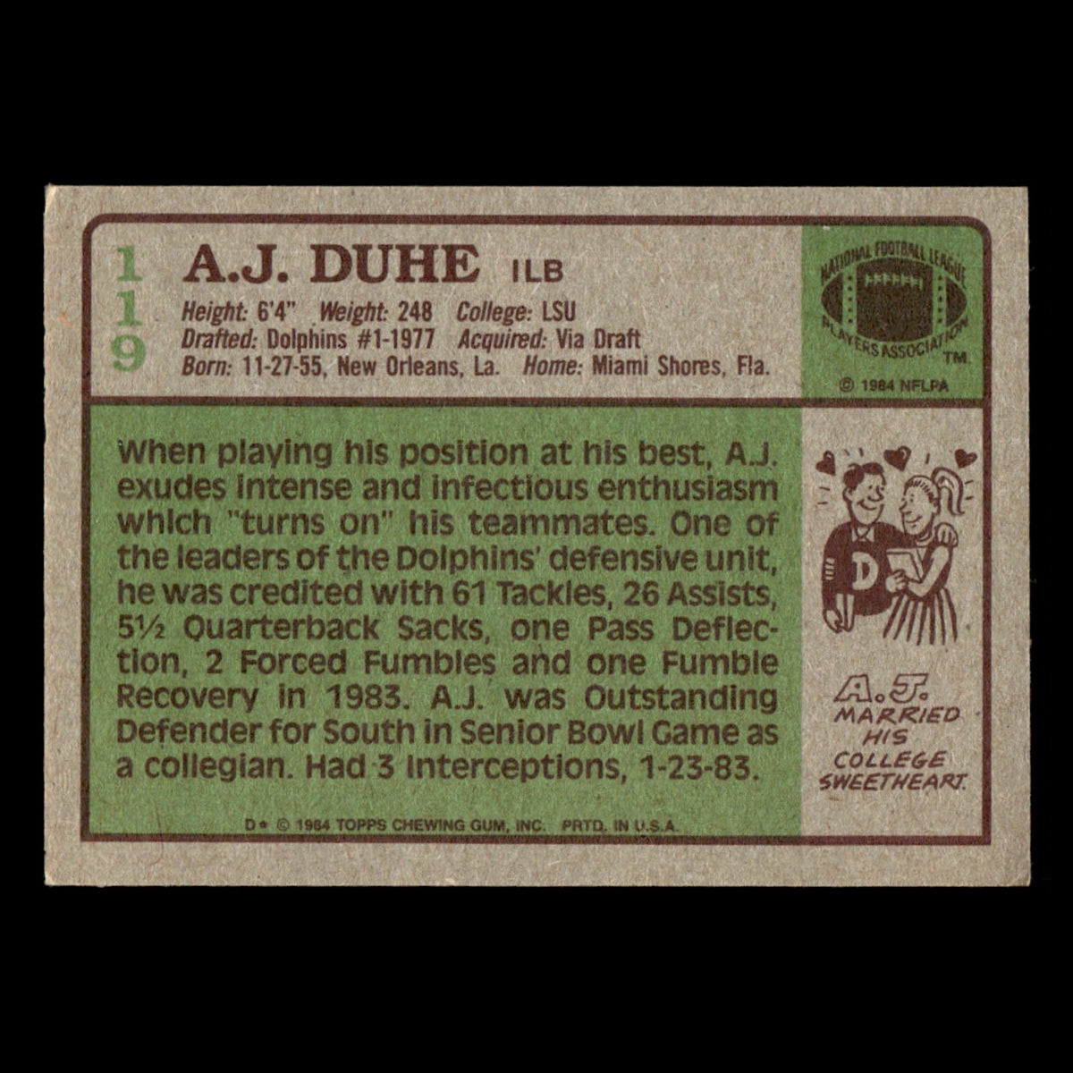 A.J. Duhe #119 1984 Topps Miami Dolphins Football Card NFL EX