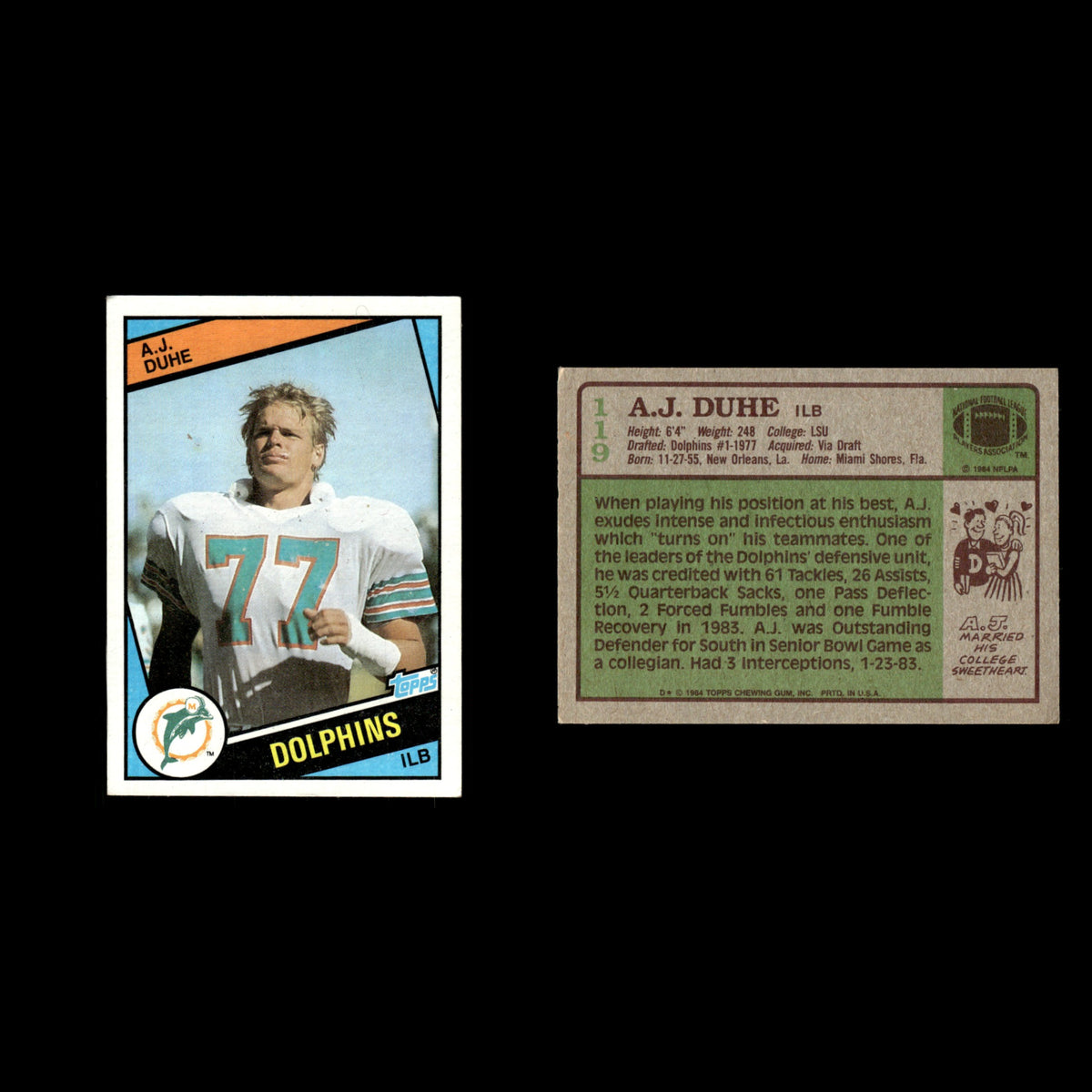 A.J. Duhe #119 1984 Topps Miami Dolphins Football Card NFL EX