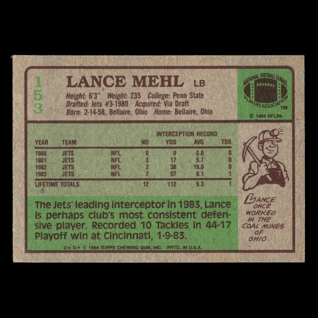 Lance Mehl #153 1984 Topps New York Jets Football Card NFL EX