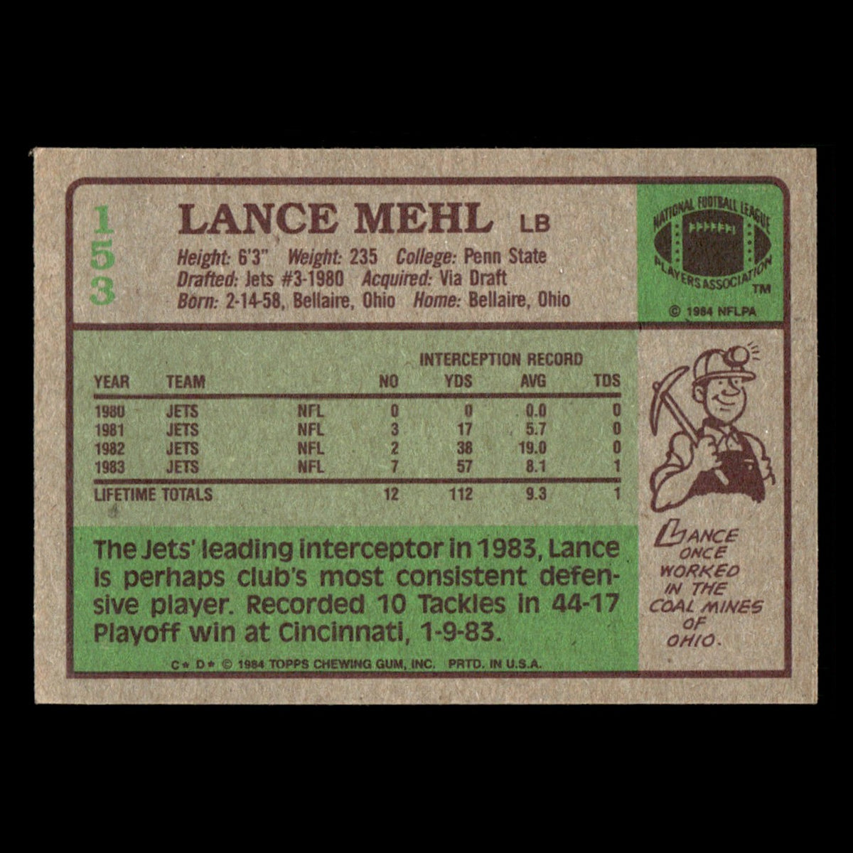Lance Mehl #153 1984 Topps New York Jets Football Card NFL EX