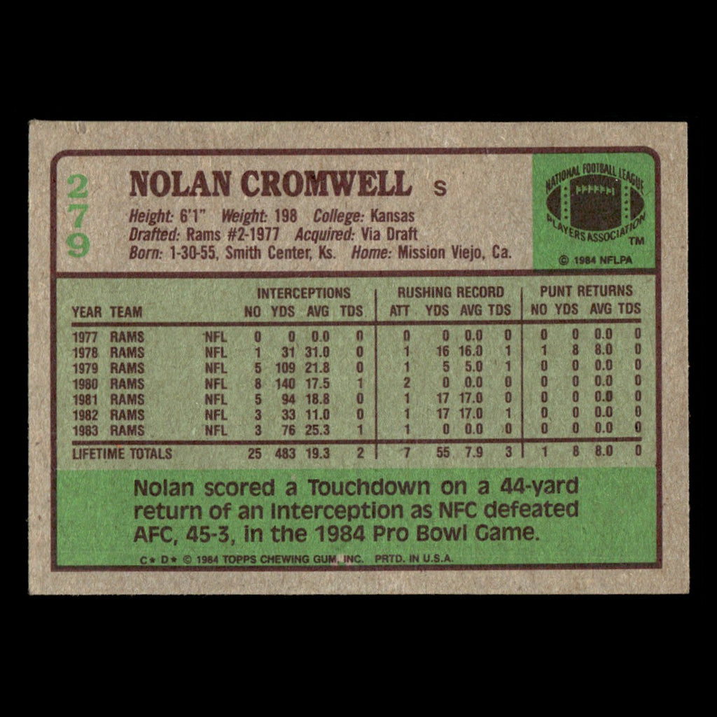 Nolan Cromwell #279 1984 Topps Los Angeles Rams Football Card NFL EX