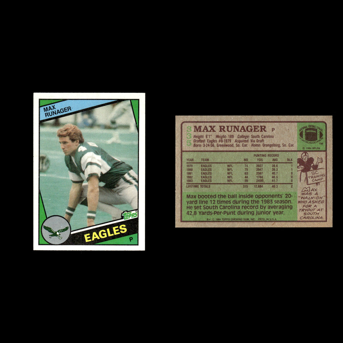 Max Runager #335 1984 Topps Philadelphia Eagles Football Card NFL EX