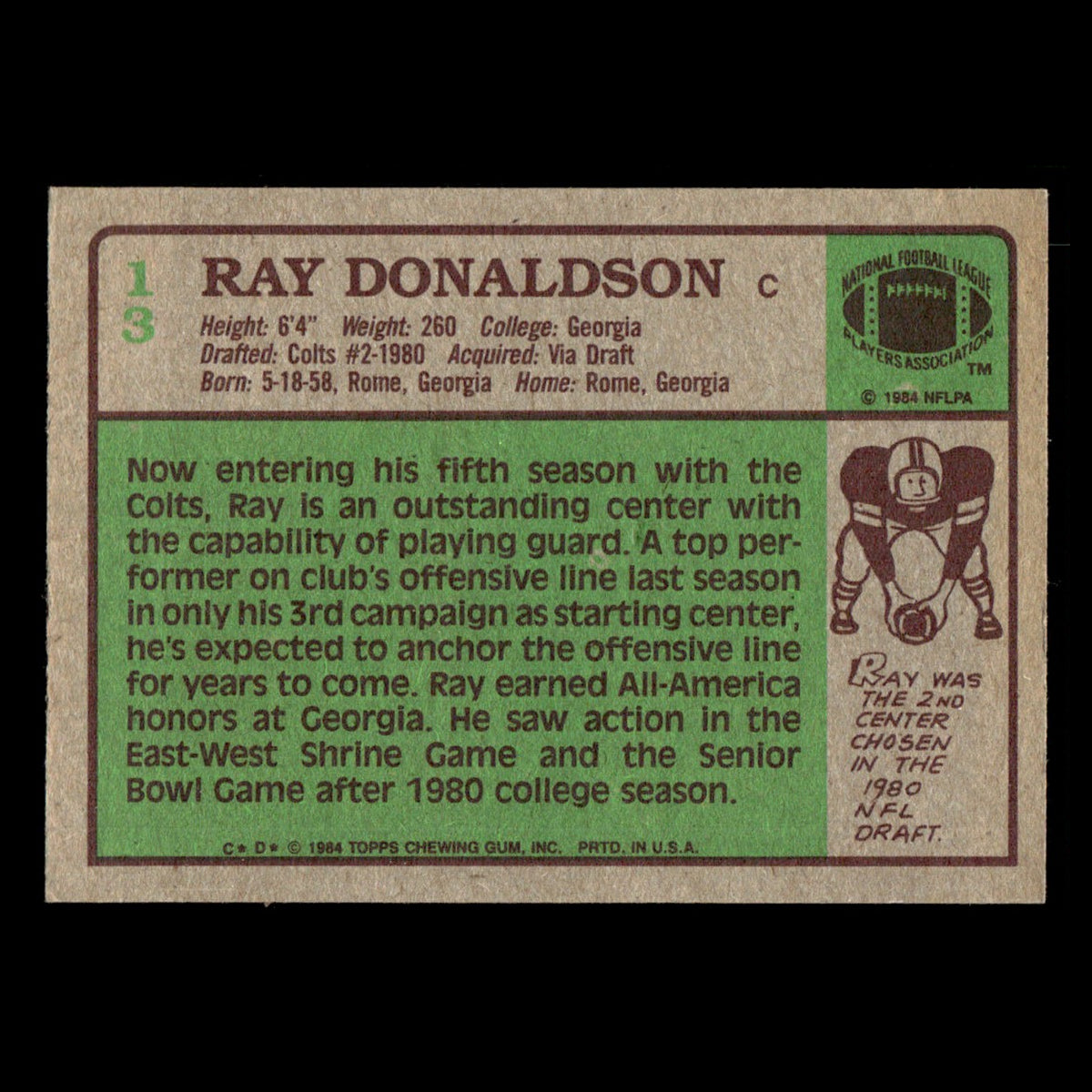 Ray Donaldson #13 1984 Topps Indianapolis Colts Football Card NFL EX