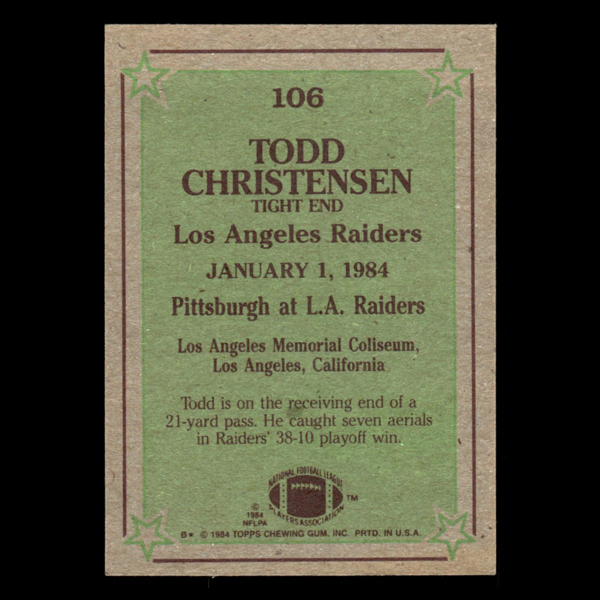 Todd Christensen #106 1984 Topps Los Angeles Raiders Football Card NFL EX