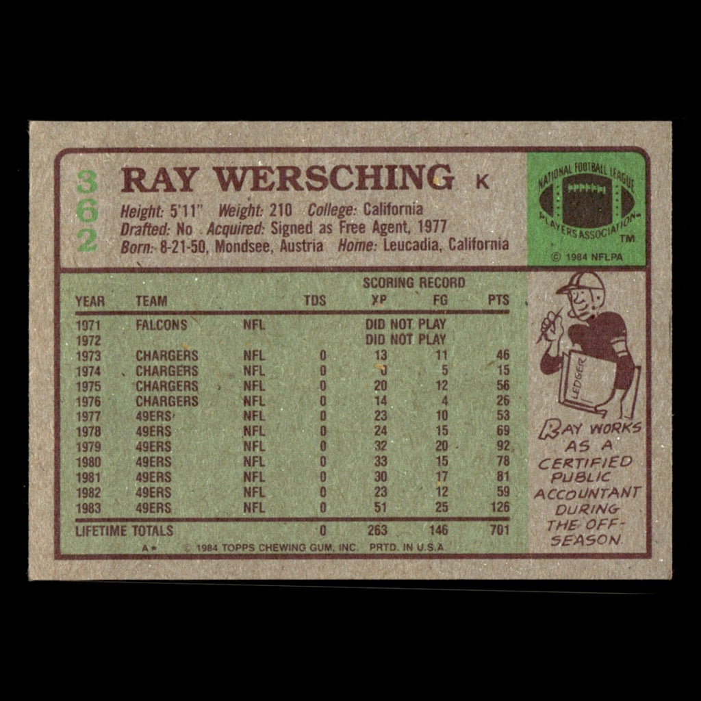 Ray Wersching #362 1984 Topps San Francisco 49ers Football Card NFL EX