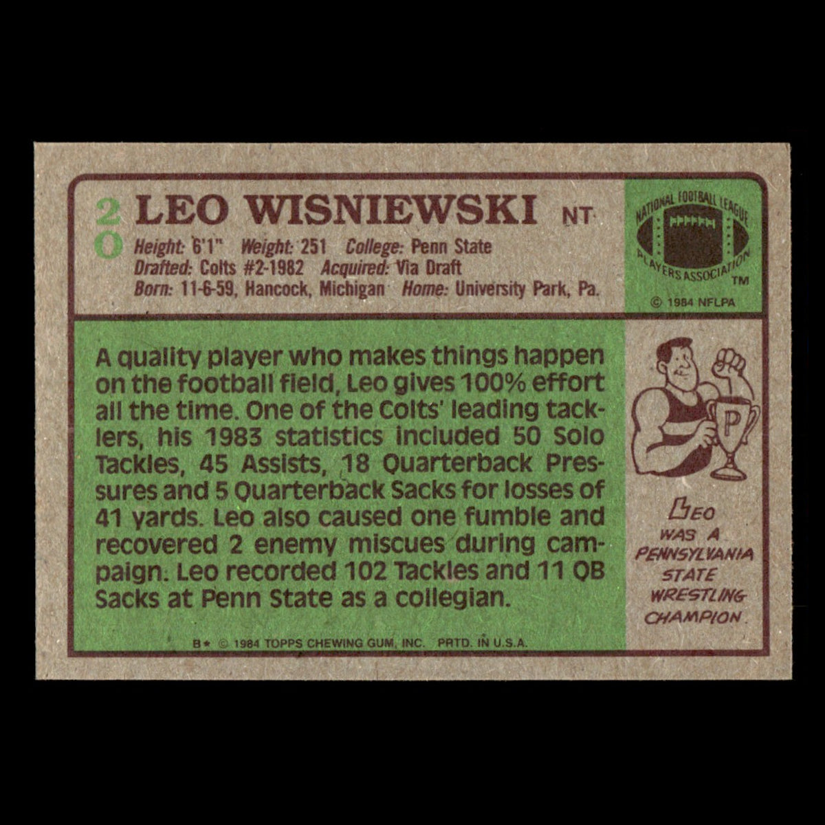 Leo Wisniewski #20 1984 Topps Indianapolis Colts Football Card NFL EX