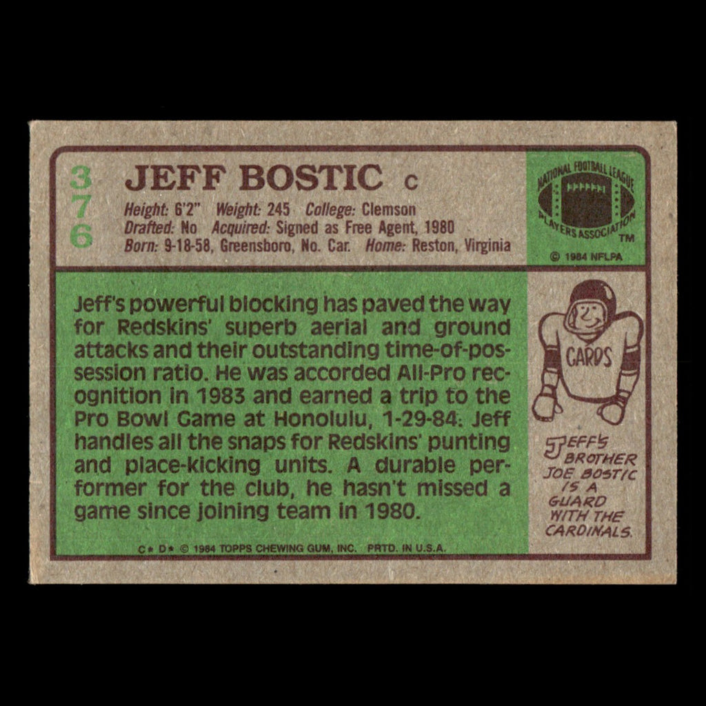 Jeff Bostic #376 1984 Topps Washington Redskins Football Card NFL EX