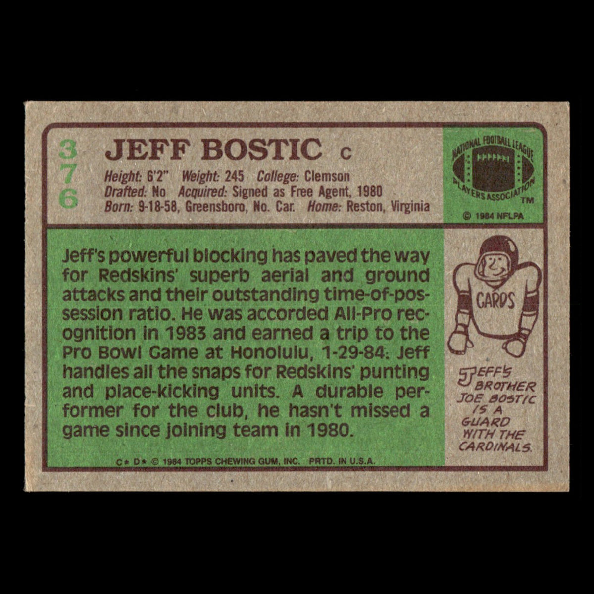 Jeff Bostic #376 1984 Topps Washington Redskins Football Card NFL EX